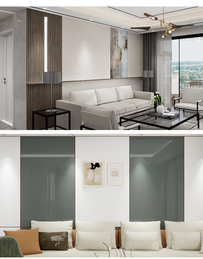 Living room renderings with dark brown vertical wall panels and grey-green wall panels behind sofas