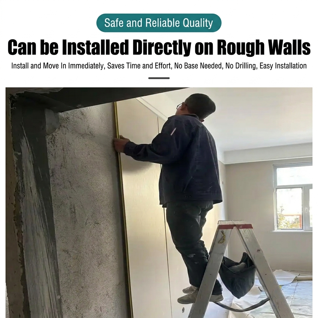 Installer fitting a large wall panel directly onto a rough wall inside an unfinished room