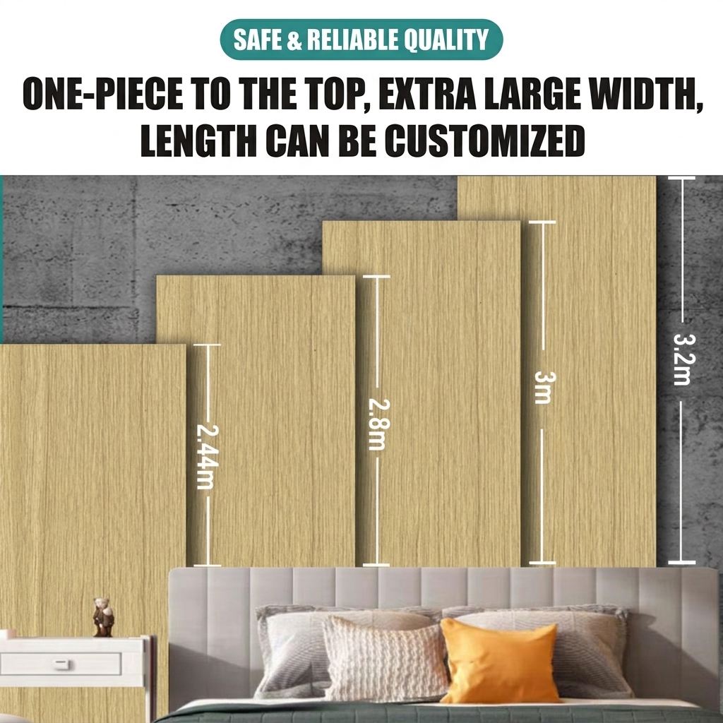 Wood-tone wall panels shown in four different lengths behind a bed, with length options from 2.44 m to 3.2 m