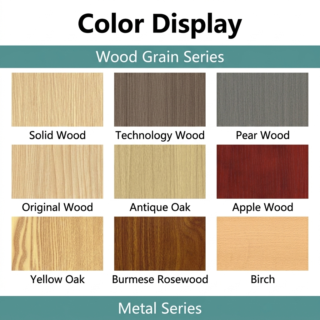 Wood grain color chart including solid wood, original wood, antique oak, yellow oak, burmese rosewood and birch