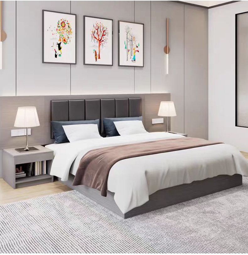 Bedroom rendering with soft grey wall panels behind an upholstered headboard and bedside tables