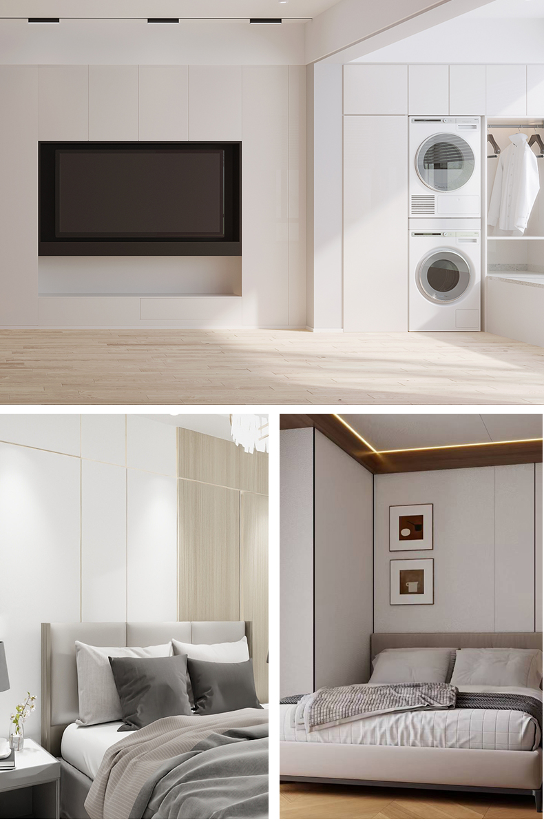 Interior renderings of white wall panels around a TV wall unit and in two bedrooms with light wood accents
