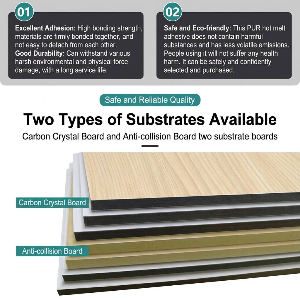 Benefits of PUR hot melt adhesive bonding and the two substrate boards offered, carbon crystal board and anti-collision board