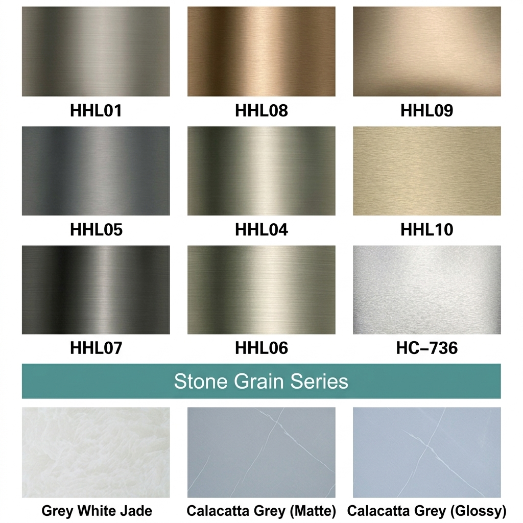 Brushed metal color options and stone grain finishes in the bamboo charcoal range