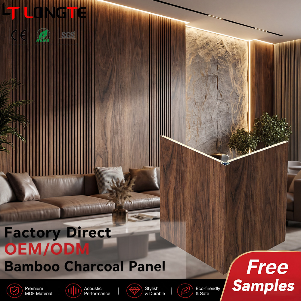Cathedral Grain Wood Veneer Look Bamboo Charcoal Wall Panels for Luxury Lounges