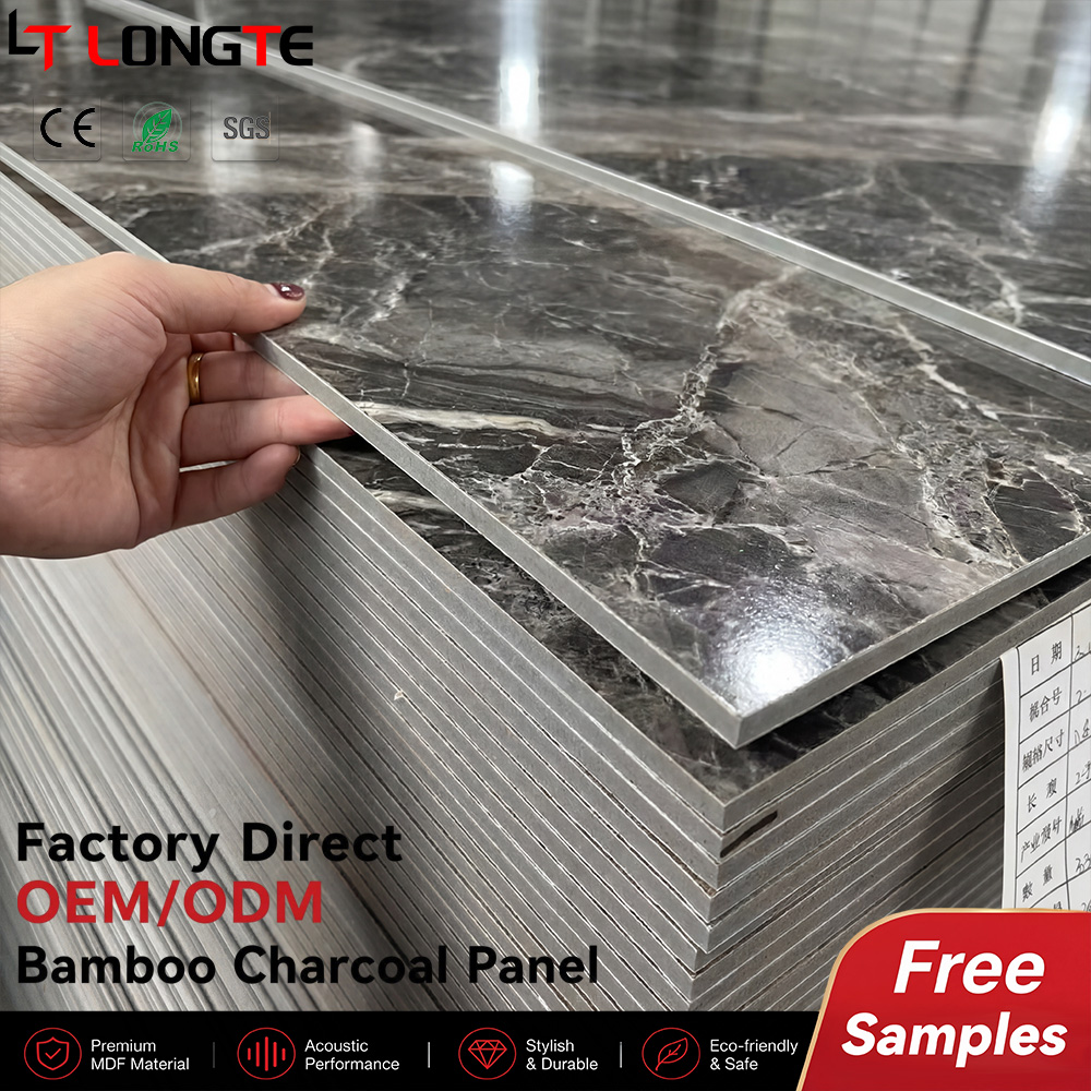 Dark Marble High Gloss Bamboo Charcoal Panel for Lobbies and Living Room Walls