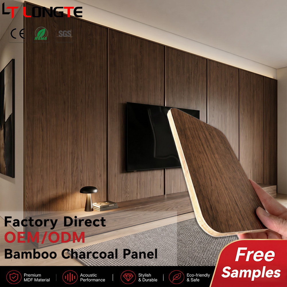 Dark Brown Grain Bamboo Charcoal TV Wall Backdrop Boards with Shadow Gap Joints